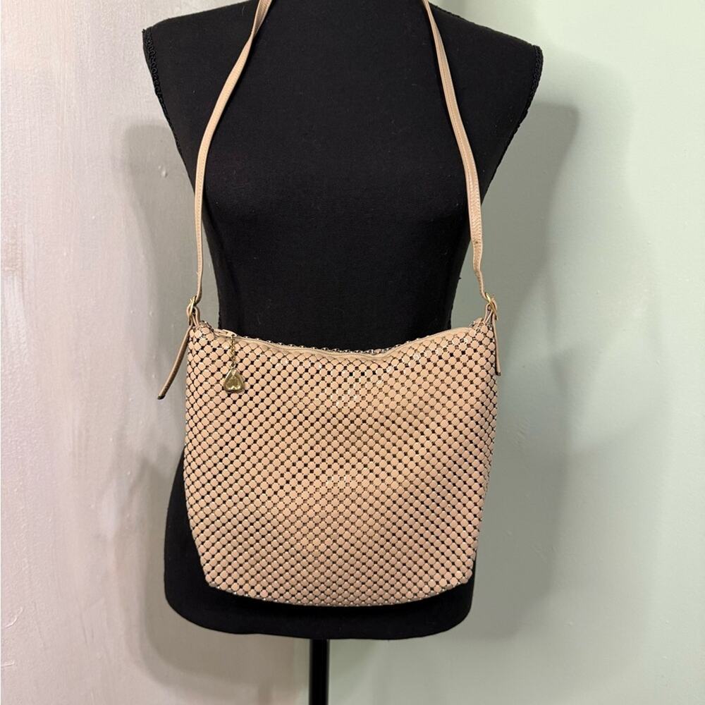 Vintage Whiting & Davis Beige Mesh Crossbody Bag with Gold Details